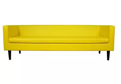 mustard yellow sofa hire Berlin – side view showing clean-lined vibrant seating