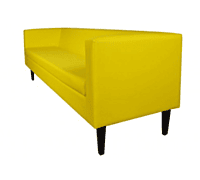 mustard yellow sofa hire Berlin – mustard yellow faux leather sofa in lounge area