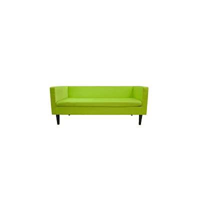 green sofa hire Berlin – vibrant green faux leather sofa in event lounge setting