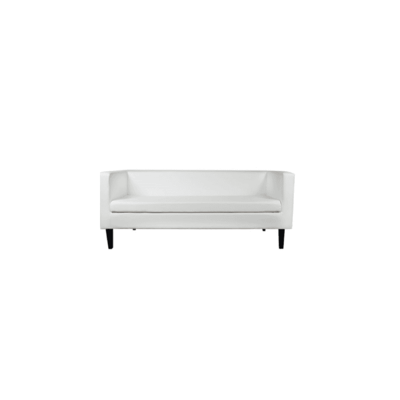 white sofa hire Berlin – seating arrangement in bright trade fair booth white sofa hire Berlin – seating arrangement in bright trade fair booth