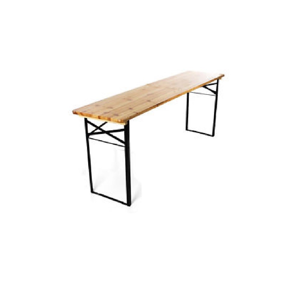 beer bench hire Berlin – long natural wood beer bench at outdoor festival