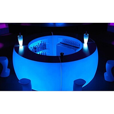 LED round bar hire Berlin – side view of glowing round bar inside lounge LED round bar hire Berlin – side view of glowing round bar inside lounge